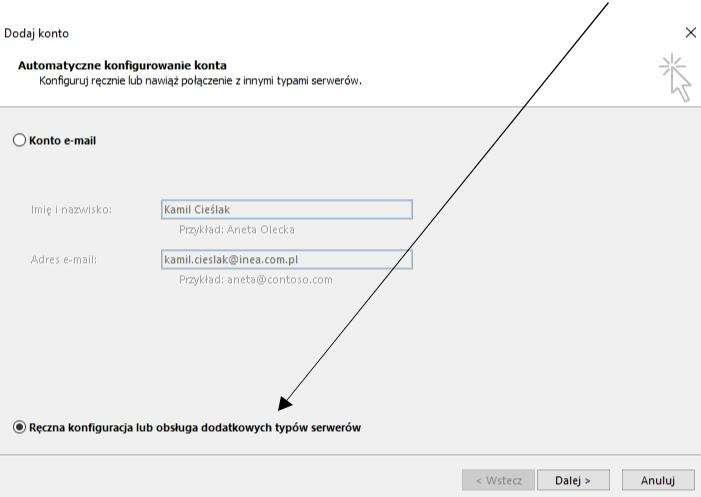 18. Konfiguracja klienta poczty Microsoft Outlook [1] wybierz nowy profil -> wybierz Ręczna konfiguracja -> wybierz Dalej -> [2] wybierz POP lub IMAP -> wybierz Dalej -> [3] wpisz twój adres e-mail,