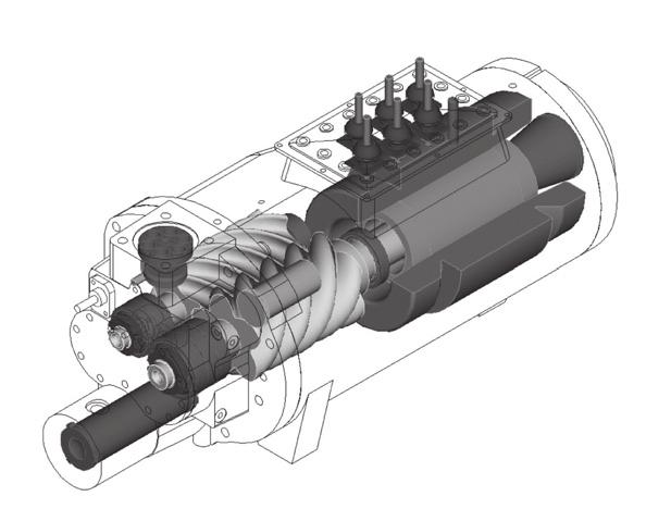 Zasada działania Silnik sprężarki Wirniki sprężarki porusza bezpośrednio dwubiegunowy, szczelnie zamknięty silnik indukcyjny (3600 obr./min przy 60 Hz, 3000 obr./min przy 50 Hz).