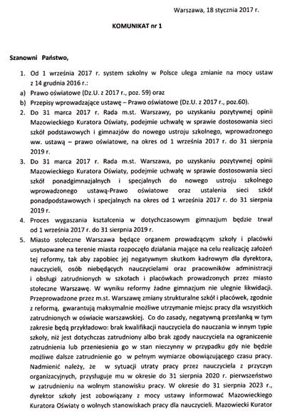 komunikat dyrektora biura edukacji planowane zmiany w sieci szkół podstawowych i gimnazjów w dzielnicy wesoła 14 grudnia 2016 r.