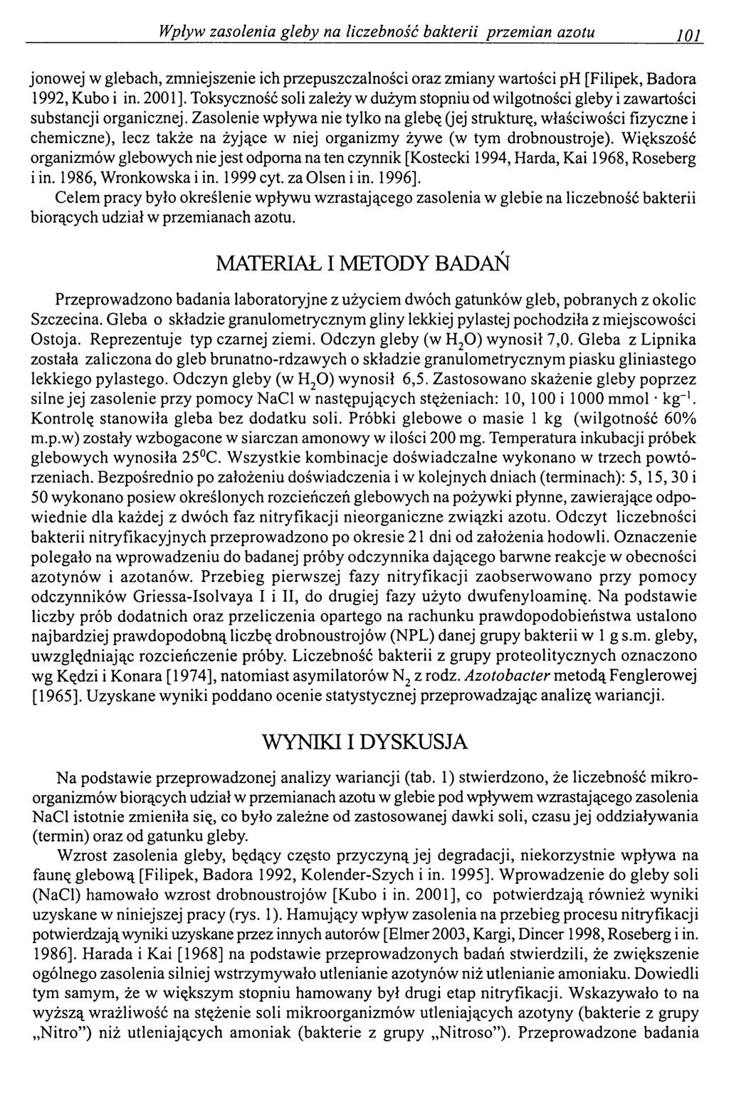 Wpływ zasołenia gleby na liczebność bakterii przemian azotu 101 jonowej w glebach, zmniejszenie ich przepuszczalności oraz zmiany wartości ph [Filipek, Badora 1992, Kubo i in. 2001 ].