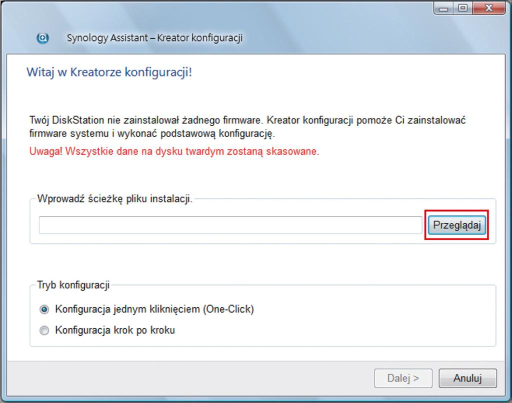 3 Kliknij przycisk Przeglądaj, aby znaleźć plik instalacyjny DSM_[nazwa modelu]_[liczba].pat w folderze DSM dysku instalacyjnego.
