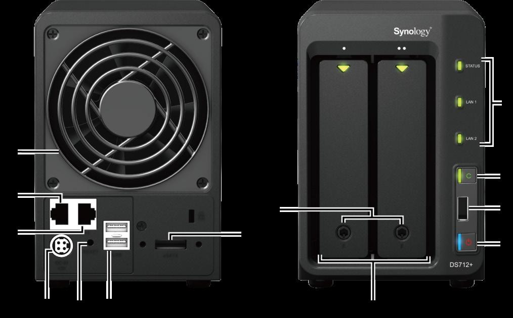 Elementy serwera Synology DiskStation Lp. Element Lokalizacja Opis 1) Przycisk zasilania Panel przedni Przycisk zasilania służy do włączania i wyłączania serwera Synology DiskStation.