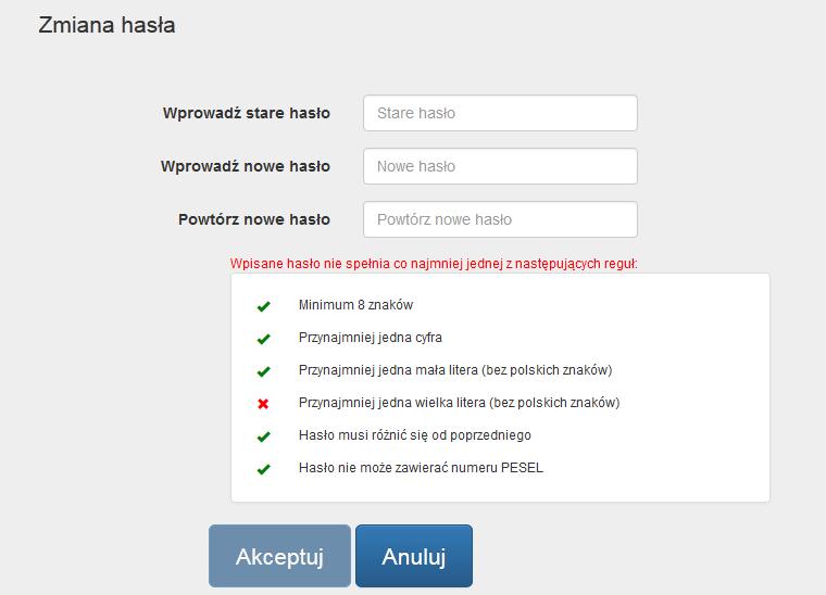 40 Rysunek 64 Po wprowadzeniu poprawnego dotychczas używanego hasła do portalu oraz ustalenia nowego zgodnego z polityką bezpieczeństwa, kliknij Akceptuj.