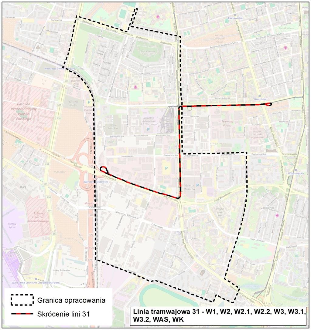 W ramach wszystkich wariantów, również W0, przewidziano zmianę w kursowaniu linii tramwajowej nr 31, z uwagi na planowaną budowę żeberka przy stacji metra Wierzbno, zmiana została zilustrowana