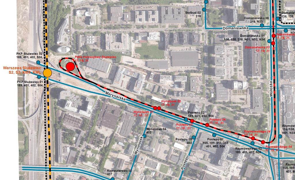 Rysunek 29. Mapka linii autobusowych i tramwajowych w rejonie przystanku kolejowego Warszawa Służewiec Źródło: Opracowanie własne Lokalizacja przystanku kolejowego nie jest jednak pozbawiona wad.