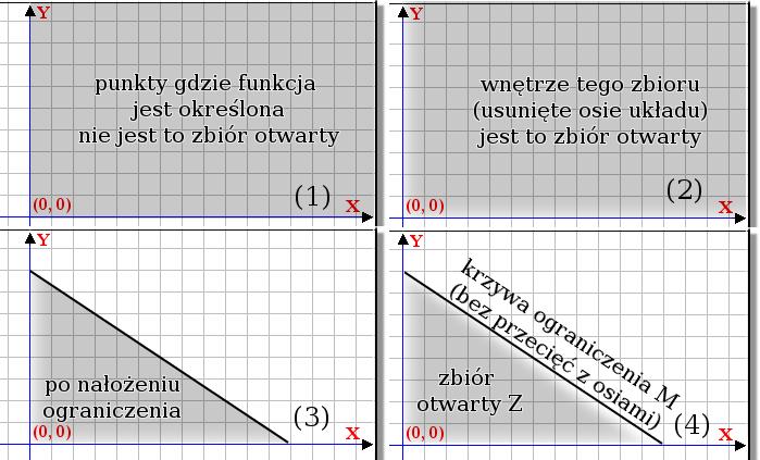 możemy więc oczekiwać, że metoda Lagrange'a da oczekiwany rezultat. Ograniczmy się więc jedynie do dodatnich liczb (2), a brzeg, czyli te koszyki gdzie rezygnujemy z zakupu jednego dobra pomijamy.