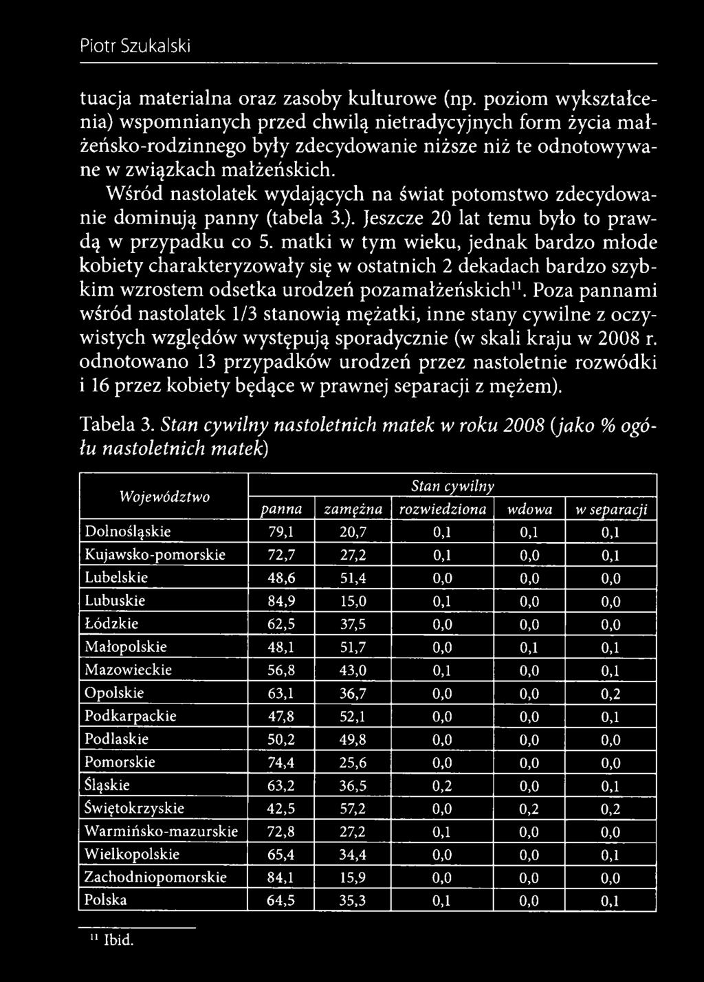 Poza pannami wśród nastolatek 1/3 stanowią mężatki, inne stany cywilne z oczywistych względów występują sporadycznie (w skali kraju w 28 r.