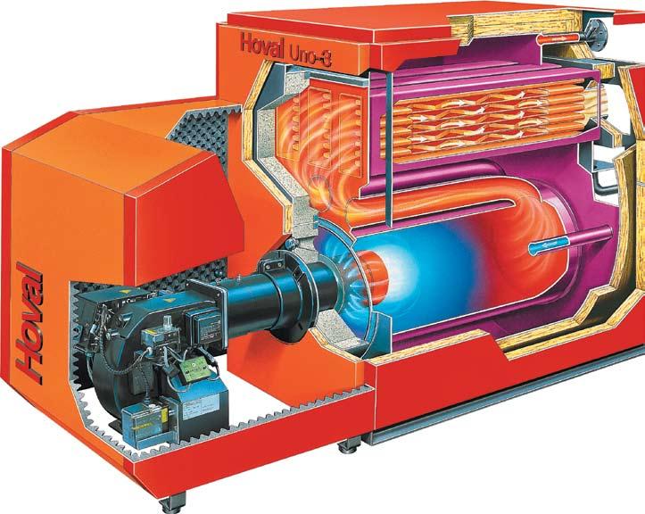 Hoval Uno-3 z 3-ciągowym systemem spalinowym. Wyrafinowany technicznie, przekonujący jakością. Obudowa palnika (na życzenie). Do izolacji akustycznej i cieplnej.