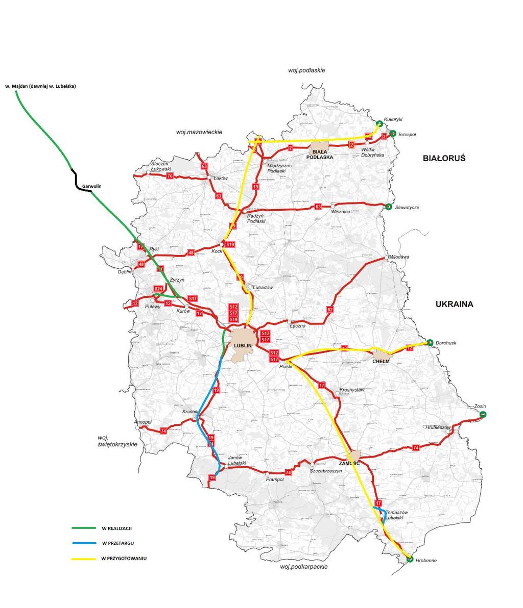 Zadania realizowane przez GDDKiA Oddział w Lublinie oraz ujęte w PBDK na lata 2014 2023 10 km oddane do użytku 107 km - w trakcie realizacji, w tym 45 km na terenie woj.