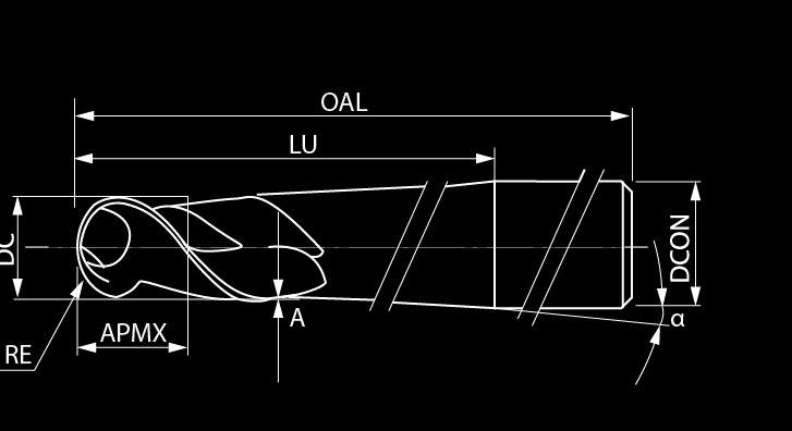 2-flute ball nose router, conical (uncoated) 2-ostrzowy pilnik, kulisty, stożkowy (niepokrywany) UDC05 UDC05003015A03002035 0.3 0.15 1.5 35-3 2 0.012 3.27 B 23.80 UDC05003015A03002050 0.3 0.15 1.5 50-3.