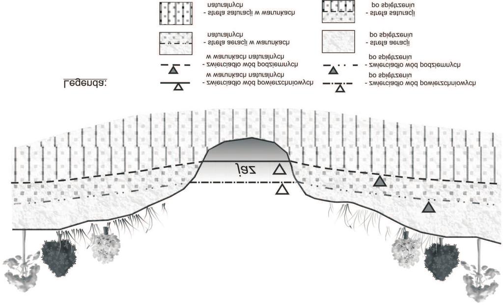 Rys. 1. Przekrój hydrogeologiczny przez dolinê rzeczn¹ w warunkach naturalnych i po spiêtrzeniu Fig. 1. Hydrogeological cross-section of the river valley in unaffected conditions and with the existed step w rzece, stanowi¹cej bazê drena u wód w zlewni.