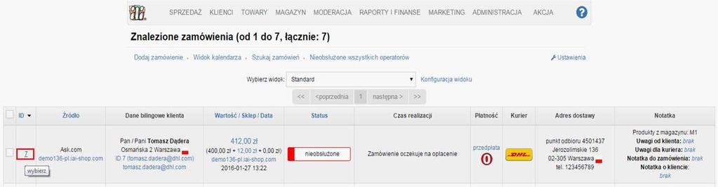 PRZYGOTOWANIE WYSYŁKI PRZEZ NADAWCĘ (1) ODNAJDUJEMY ZAMÓWIENIE W PANELU ADMINISTRACYJNYM E-SKLEPU.