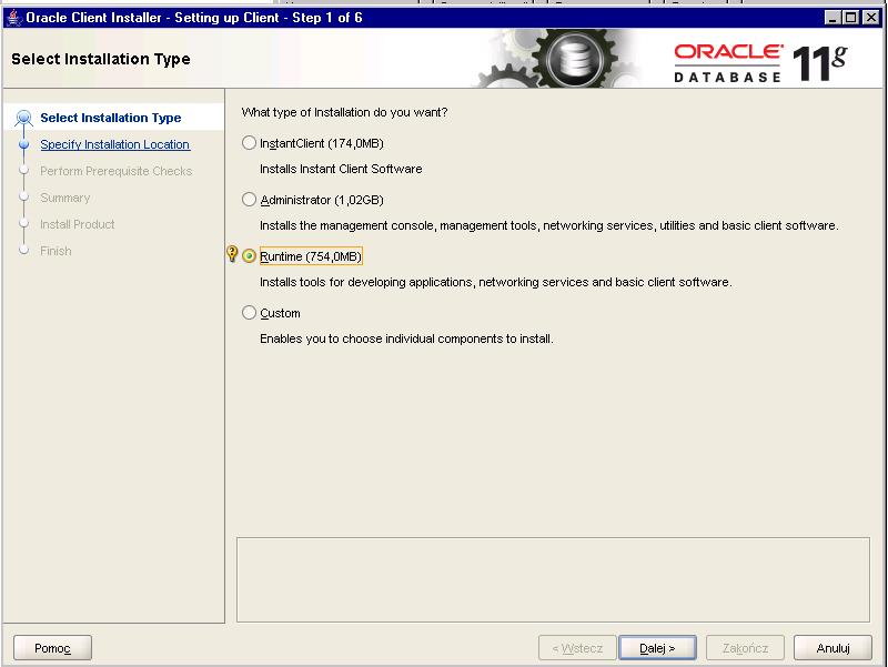 win32_11gr2_client.zip; jako Administrator (lokalny) uruchamiamy plik setup.