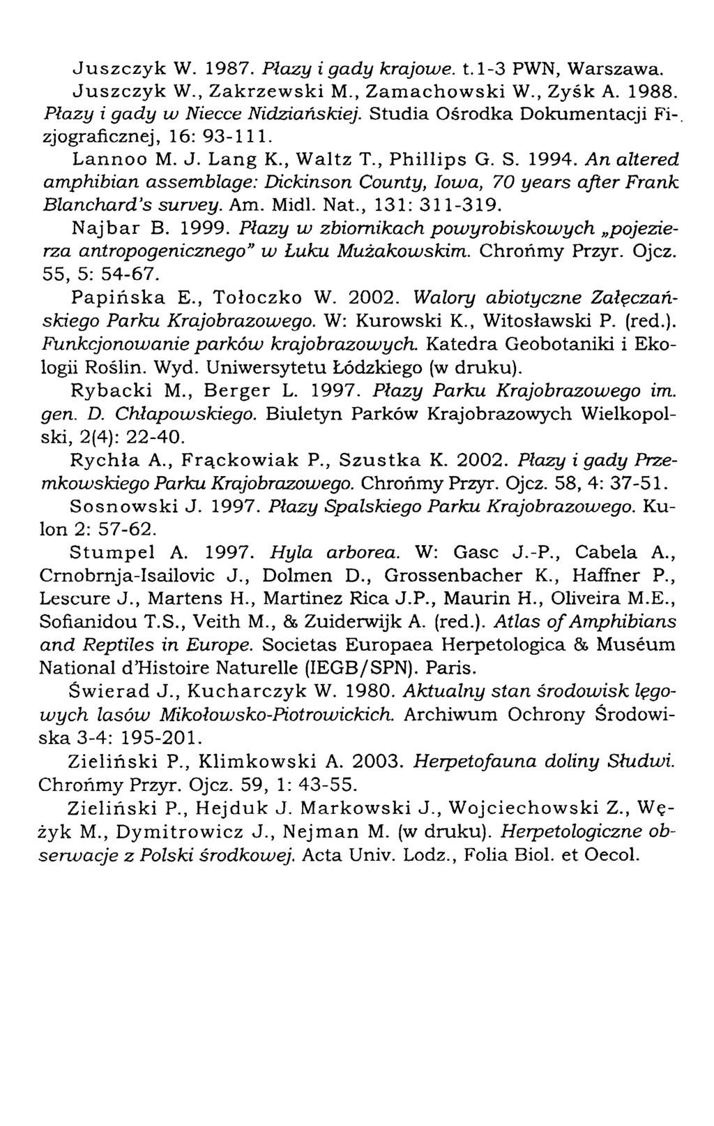 Juszczyk W. 1987. Płazy i gady krajowe. 1.1-3 PWN, Warszawa. Juszczyk W., Zakrzewski M., Zamachowski W., Zysk A. 1988. Płazy i gady w Niecce Nidziańskiej.
