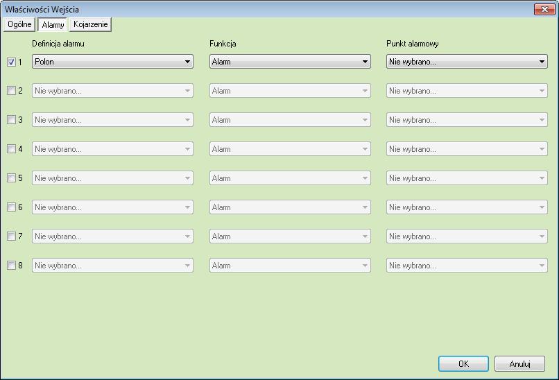 8.2.2 Alarmy Można załączyć do 8 alarmów i przypisać różne funkcje oraz punkty alarmowe Funkcje które mogą być wykorzystane dla alarmu z modułów centrali: Alarm, Uszkodzenie.