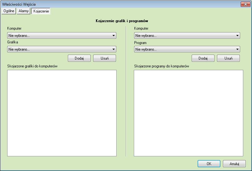 8.2.3 Kojarzenie Na zakładce Kojarzenie istnieje możliwość przypisania do elementów grafik i programów, które będą uruchamiane po powstaniu zdarzenia alarmowego.