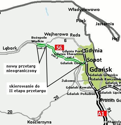 Drogi ekspresowa S6 w województwie pomorskim droga ekspresowa S6 Lębork - Gdynia zad. 1: odc. od węzła Leśnice (bw) do węzła Łęczyce (zw) - długości ok. 17,4 km; zad. 2: odc.