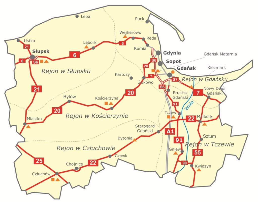 805 km dróg krajowych 217 obiektów mostowych 5 Rejonów 13 Obwodów