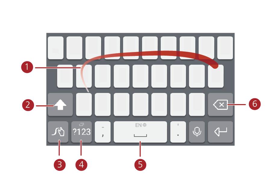 Metoda ciągłego wpisywania tekstu Huawei Swype Wpisuj słowa, suwając palcem po kolejnych literach. Dotknij pozycji, aby przełączyć tryby wprowadzania małych i wielkich liter.