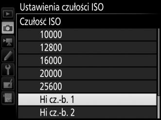 Hi cz.-b. 1/Hi cz.-b. 2 W trybach P, S, A i M, Hi cz.-b. 1 oraz Hi cz.-b. 2 można wybrać przy pomocy opcji Ustawienia czułości ISO (0 271) > Czułość ISO wmenu fotografowania.