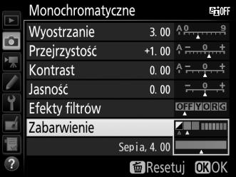 A Zabarwienie (dotyczy tylko opcji Monochromatyczne) Naciśnięcie 3, gdy wybrane jest Zabarwienie, powoduje wyświetlenie ustawień nasycenia.