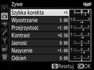 4 Zmodyfikuj wybrane ustawienie Picture Control. Więcej informacji można znaleźć na stronie 133. Aby anulować wszelkie zmiany i zacząć od nowa od ustawień domyślnych, naciśnij przycisk O (Q).
