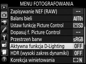 Aby skorzystać z aktywnej funkcji D-Lighting: 1 Wybierz Aktywna funkcja D-Lighting. Wyróżnij Aktywna funkcja D-Lighting w menu fotografowania i naciśnij 2. 2 Wybierz opcję.
