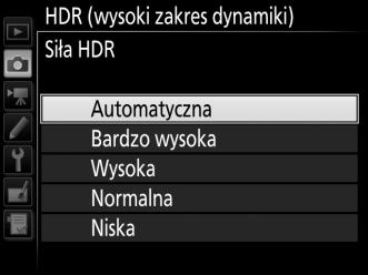 2 Wybierz tryb. Wyróżnij Tryb HDR inaciśnij 2. Wyróżnij jedno z poniższych ustawień inaciśnij J. Aby zrobić serię zdjęć HDR, wybierz 6 Włącz (seria).