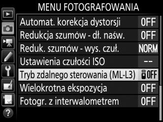 Fotografowanie ze zdalnym sterowaniem Korzystanie z opcjonalnego pilota zdalnego sterowania ML-L3 Opcjonalnego pilota zdalnego sterowania ML-L3 (0 319) można używać do ograniczania drgań aparatu lub