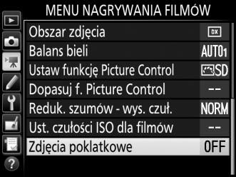 Zdjęcia poklatkowe (Tylko tryby i, j, P, S, A, M i SCENE) Aparat automatycznie rejestruje zdjęcia w wybranych interwałach w celu utworzenia niemego filmu poklatkowego z użyciem rozmiaru klatki i