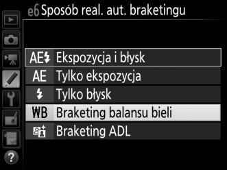 A Braketing ekspozycji Aparat zmienia parametry ekspozycji, modyfikując czas otwarcia migawki i wartość przysłony (tryb P), wartość przysłony (tryb S) lub czas otwarcia migawki (tryby A i M).