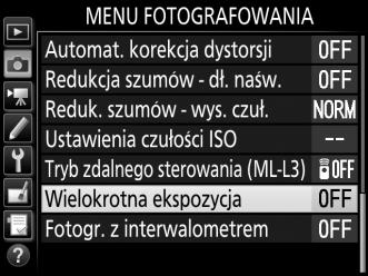 Wielokrotna ekspozycja (Tylko tryby P, S, A i M) Postępuj zgodnie z opisem poniżej, aby zapisać serię dwóch lub trzech ekspozycji w formacie NEF (RAW) na jednej fotografii.
