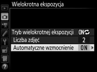 3 Wybierz liczbę zdjęć. Wyróżnij Liczba zdjęć inaciśnij 2. Naciskaj 1 lub 3, aby wybrać liczbę ekspozycji do połączenia w jedno zdjęcie, po czym naciśnij J. 4 Wybierz stopień wzmocnienia.