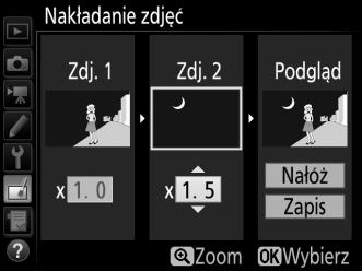 300 3 Wybierz drugie zdjęcie. Wybrane zdjęcie zostanie wyświetlone jako Zdj. 1. Wyróżnij Zdj. 2 inaciśnij J. Następnie wybierz drugie zdjęcie zgodnie z opisem wkroku 2. 4 Dostosuj wzmocnienie.