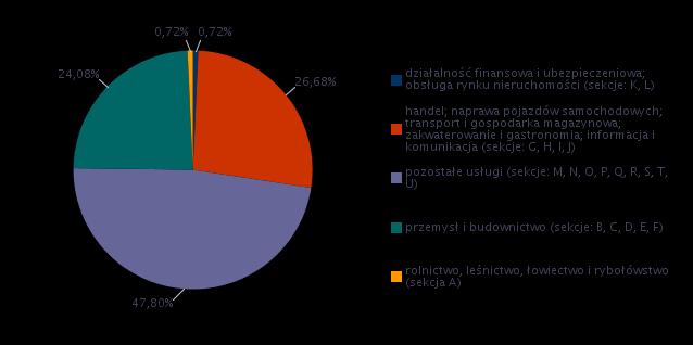 47,80% przebadanych przedsiębiorstw prowadzi swoją działalność w sektorze pozostałe usługi (sekcja: M, N, O, P, Q, R, S, T, U).