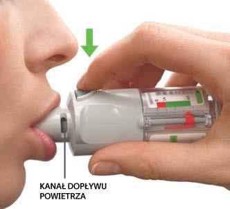 NACIŚNIJ Wykonaj powolny i pełny wydech. Obejmij szczelnie ustami ustnik, nie przykrywając przy tym kanału dopływu powietrza. Skieruj inhalator w stronę tylnej ściany gardła.