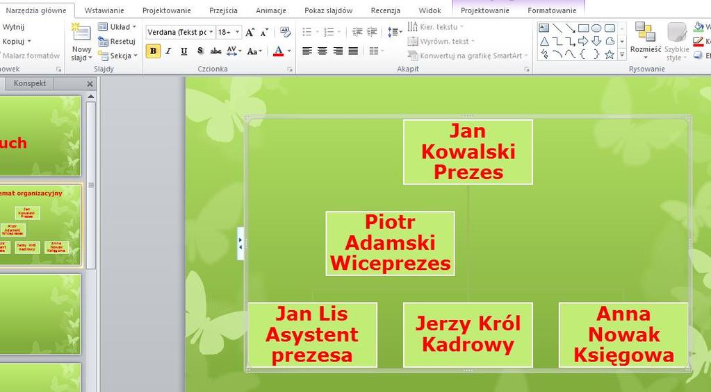 [8/21] PowerPoint Tekst w schemacie organizacyjnym firmy zapiszemy czcionką pogrubioną w kolorze czerwonym 1.