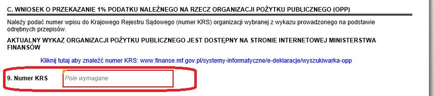 Krok 5 Podatnik wybiera Organizację pożytku publicznego podając numer wpisu do Krajowego Rejestru Sądowego, której chce przekazać 1% podatku należnego wynikającego z rocznego obliczenia podatku