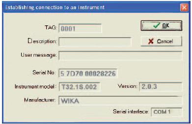 2 Połączenie Polecenie menu "connect" "Single instrument", (podłączyć pojedynczy przyrząd) spowoduje, że program podejmie próbę komunikacji z urządzeniem obsługującym HART z adresem odpytywania HART