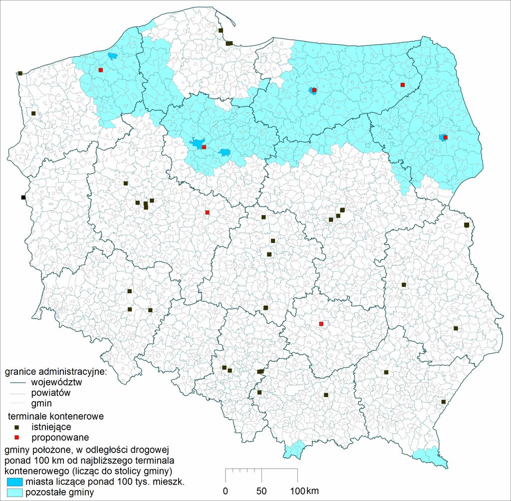 Dostępność do terminali kontenerowych według gmin w Polsce stan luty 2017 r.