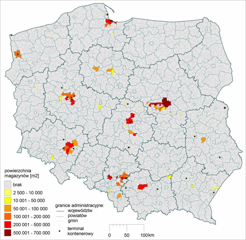 Powierzchnie magazynowe w gminach oraz terminale kontenerowe w Polsce stan luty 2017 r.