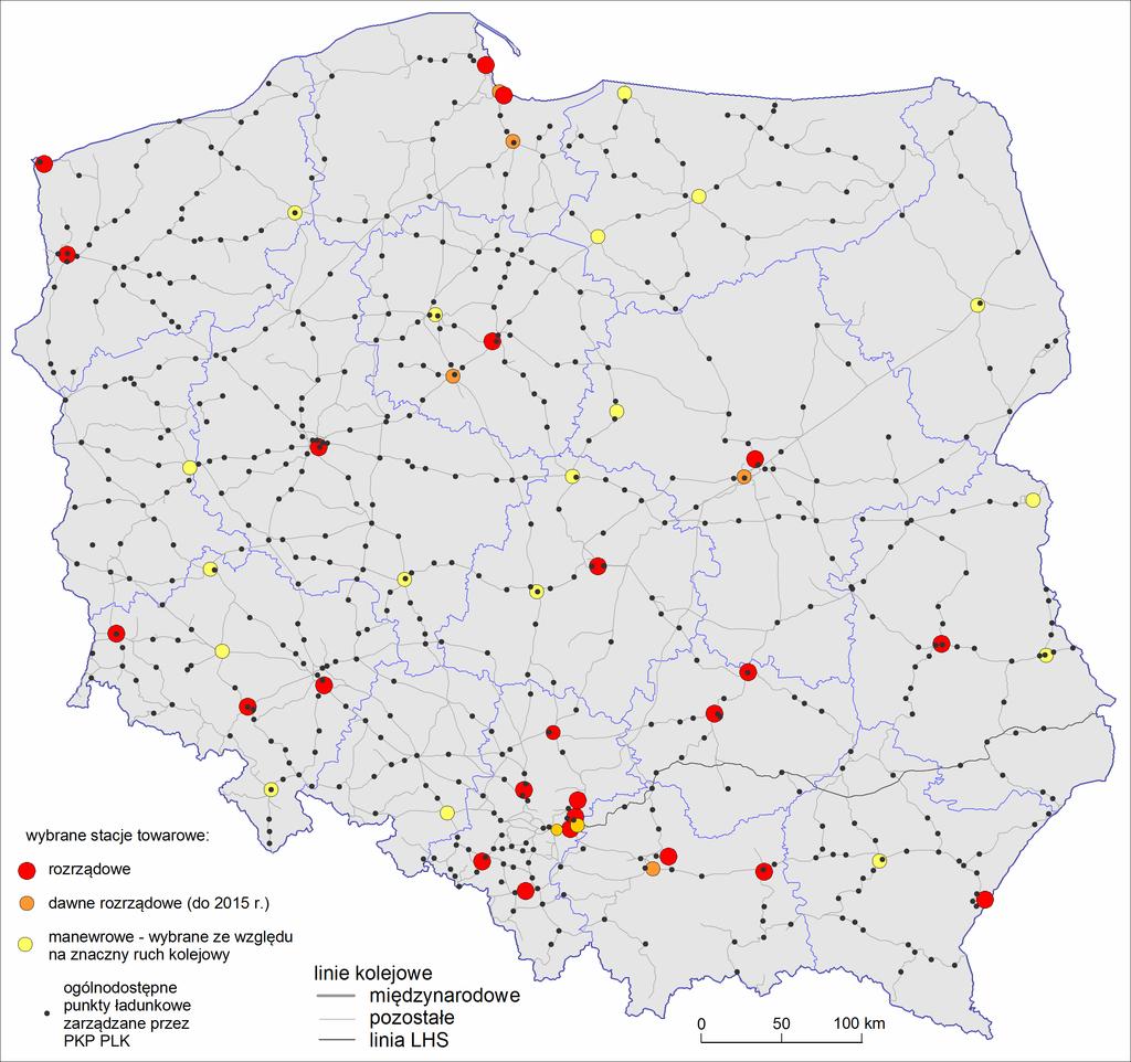 Rozmieszczenie punktów ładunkowych oraz stacji rozrządowych i wybranych manewrowych zarządzanych przez PKP PLK w Polsce [3] Stacje