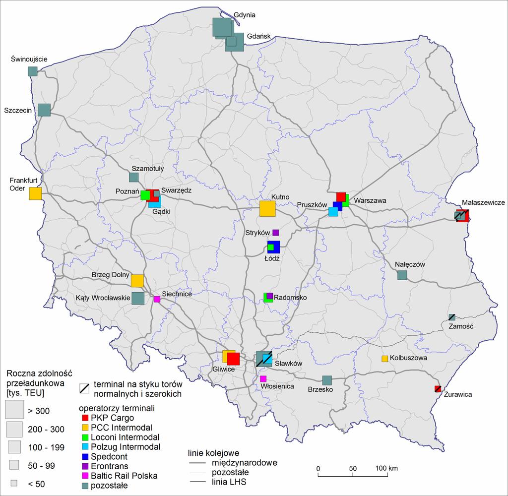 Rozmieszczenie i zdolność przeładunkowa terminali kontenerowych w Polsce w 2017 r.