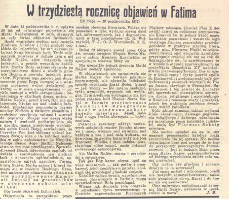 Niedziela. Tygodnik Katolicki Nr 41, Rok 1947 W trzydziestą rocznicę objawień w Fatima (13 maja - 13 października 1917) Dzień 22 sierpnia został przez Ojca św. uznany świętem Niepok.
