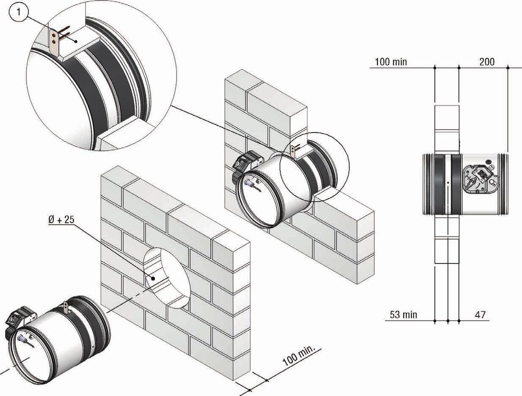 Instalacja Instalacja w pionowej ściance sztywnej EI 120 S Klapy przeciwpożarowe WH25 klasy EI 120 S w pionowych ściankach sztywnych gwarantują szczelność ogniową i cieplną przez 120 minut tylko,