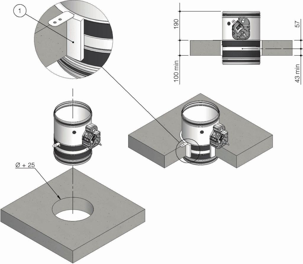 Instalacja Instalacja w podłodze EI 90 S Klapy przeciwpożarowe WH25 klasy EI 90 S w podłogach betonowych gwarantują szczelność ogniową i cieplną przez 90 minut tylko, jeżeli są zainstalowane wewnątrz