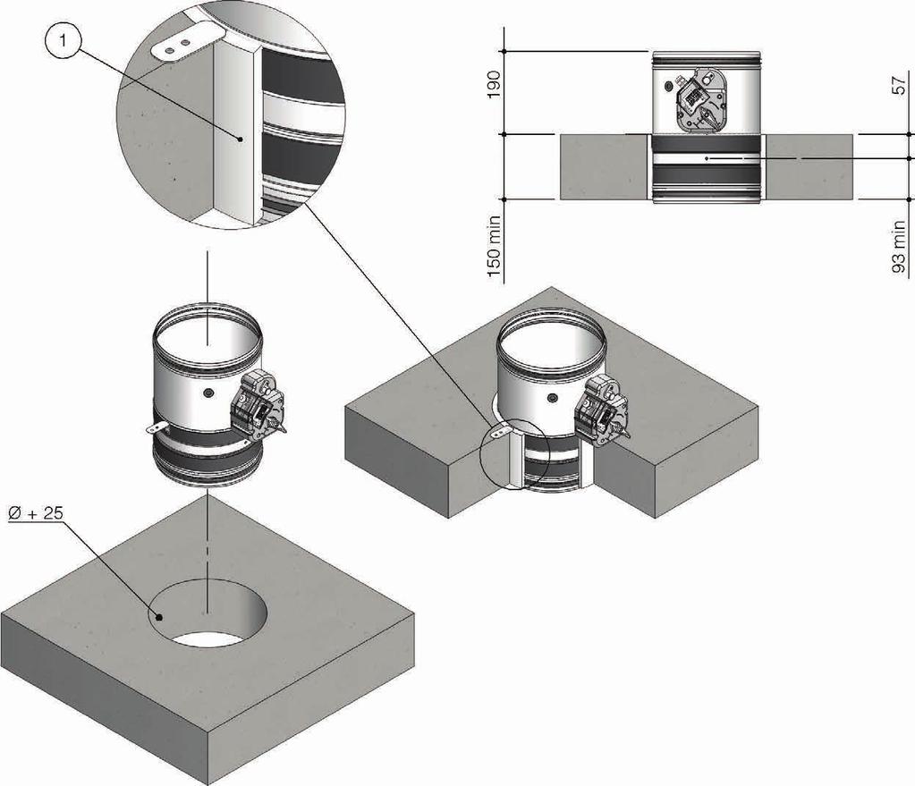 Instalacja Instalacja w podłodze EI 120 S Klapy przeciwpożarowe WH25 klasy EI 120 S w podłogach betonowych gwarantują szczelność ogniową i cieplną przez 120 minut tylko, jeżeli są zainstalowane