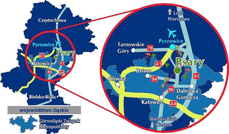 komunikacyjne jak autostrady: A1 i A4 oraz droga ekspresowa S1. Konfiguracja centralnego położenia i dróg krajowych sprawia, że Gmina Psary jest dobrze skomunikowana z miastami województwa śląskiego.