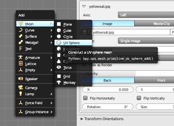 3. Naciśnijmy SHIFT+A. Otworzy nam się panel dodawania nowych gotowych obiektów. Wybierzmy Mesh / UV Sphere.