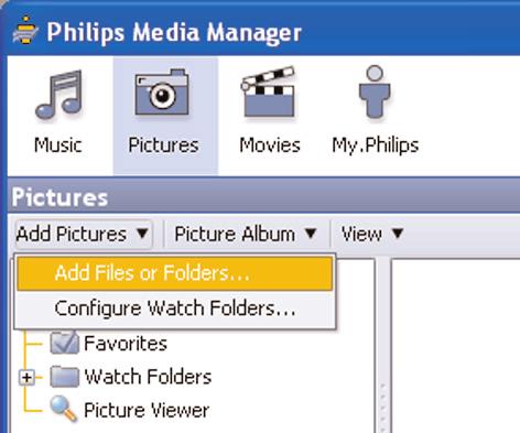 Dodawanie plików do Philips Media Managera (PMM) & Wybierz PMM z menu Start systemu Windows, albo dwukrotnie kliknij w symbol PMM na